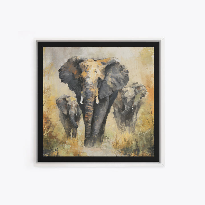 Elephant Family Walking Through Dusty Golden Light Canvas Print, Animal Art, Safari Nursery Decor, Living Room Decor, Creature, ANI-1x1-38