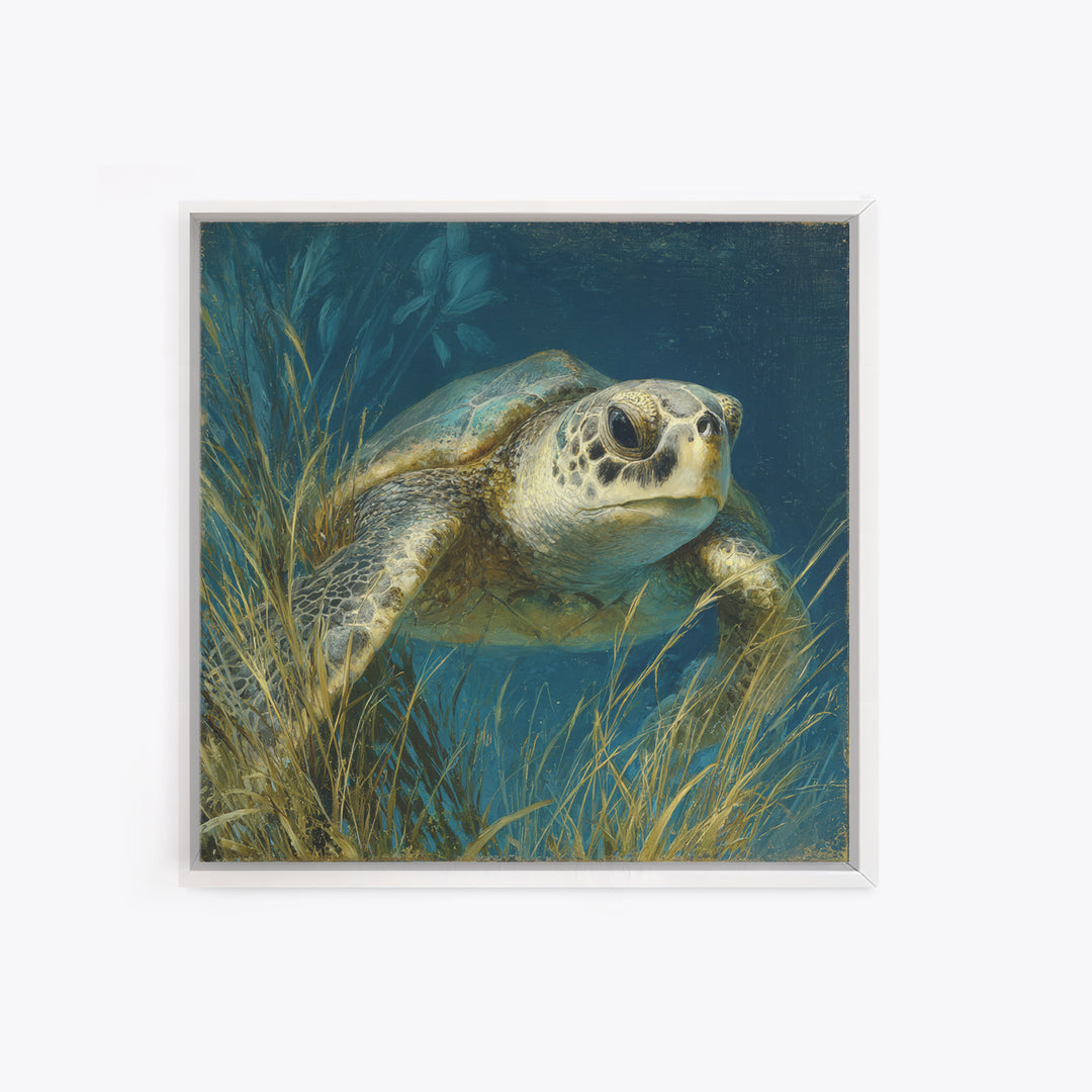 Sea Turtle Drifting Through Luminous Blue Water Canvas Print, Animal Art, Boho Wall Art, Living Room Decor, Creature, ANI-1x1-42