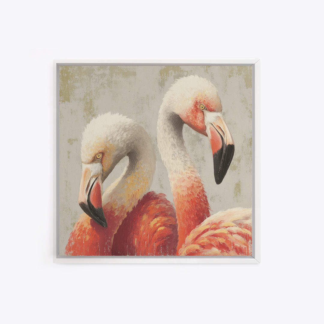 Flamingo Pair in Elegant Coral and Cream Framed Canvas Print, Animal Art, Farmhouse Decor, Living Room Decor, Oil Painting, ANI-1x1-43
