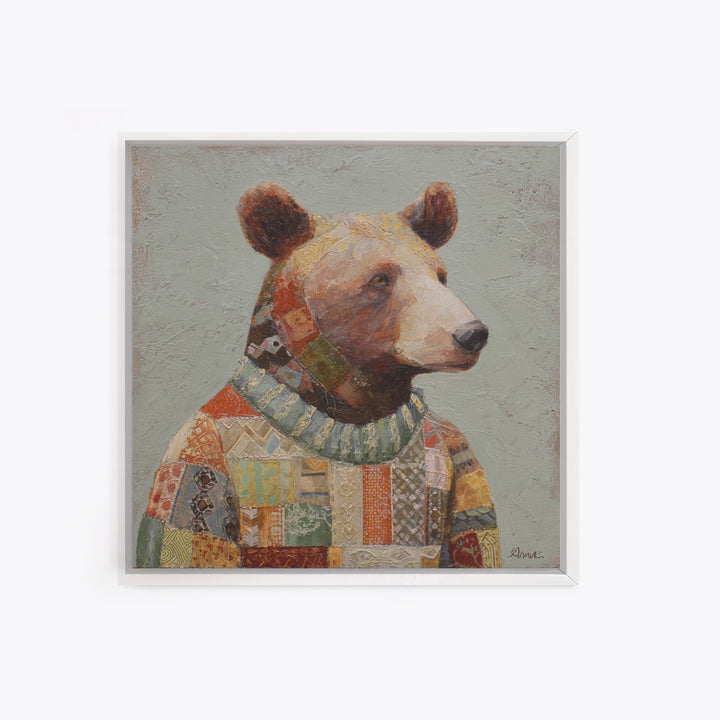 Whimsical Bear in a Patterned Sweater with Canvas Print, Animal Art, Modern Wall Art, Living Room Decor, Fine Art, Creature, ANI-1x1-50