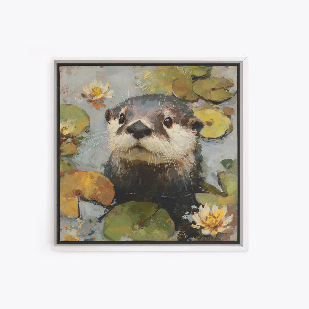 Playful Otter Floating Among Lily Pads Framed Canvas Print, Animal Art, Original Painting, Living Room Decor, Creature, ANI-1x1-56