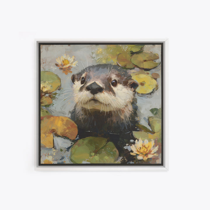 Playful Otter Floating Among Lily Pads Framed Canvas Print, Animal Art, Original Painting, Living Room Decor, Creature, ANI-1x1-56