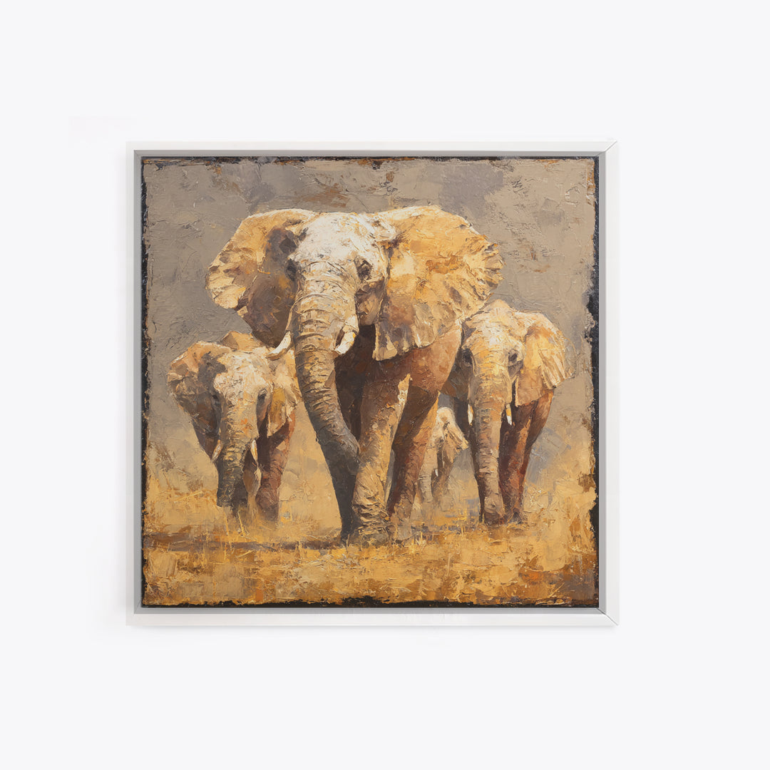 Elephant Family Walking Through Dusty Golden Light Canvas Print, Animal Art, Safari Nursery Decor, Living Room Decor, Creature, ANI-1x1-62