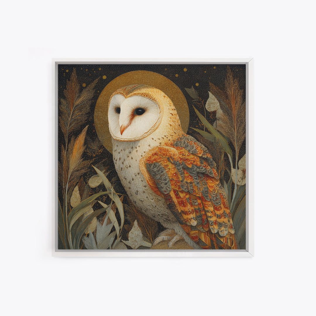Owl with Moonlit Feathers and Celestial Accents Framed Canvas Print, Animal Art, Downloadable Art, Living Room Decor, Creature, ANI-1x1-63