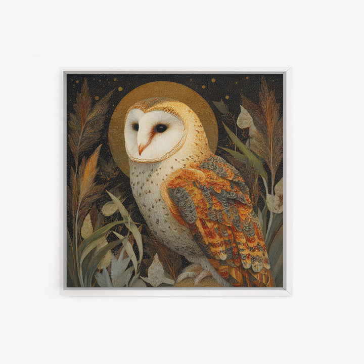 Owl with Moonlit Feathers and Celestial Accents Framed Canvas Print, Animal Art, Downloadable Art, Living Room Decor, Creature, ANI-1x1-63