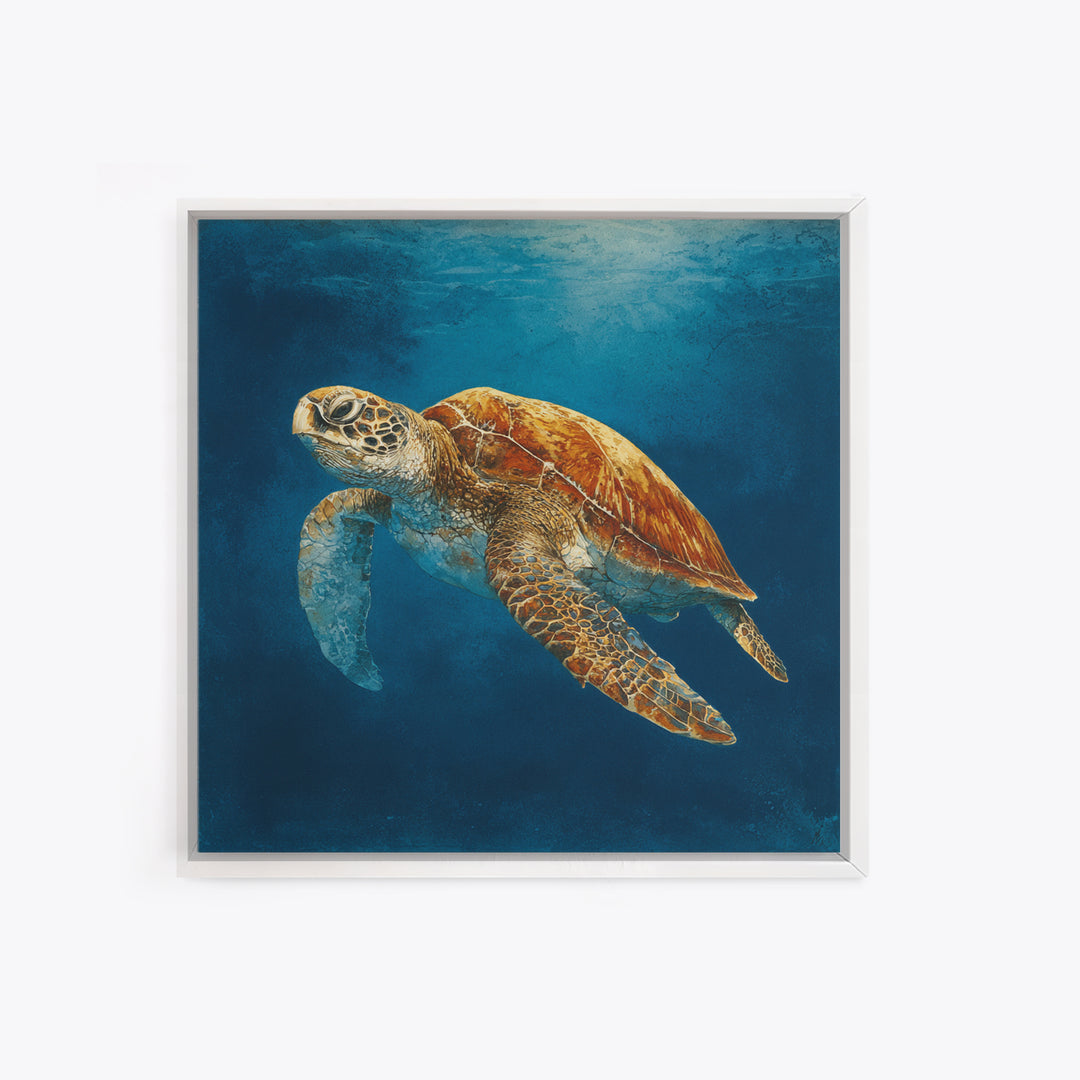 Sea Turtle Drifting Through Luminous Blue Water Canvas Print, Animal Art, Boho Wall Art, Living Room Decor, Creature, ANI-1x1-66