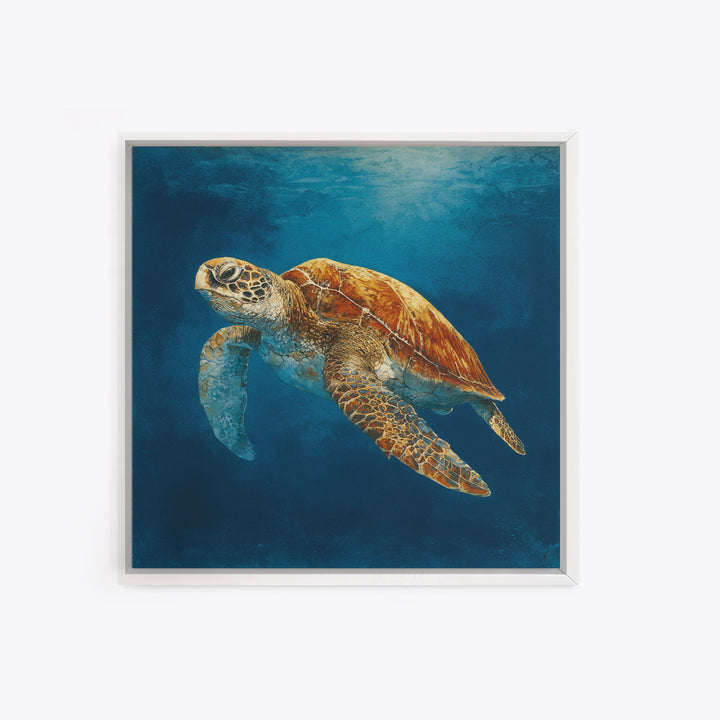 Sea Turtle Drifting Through Luminous Blue Water Canvas Print, Animal Art, Boho Wall Art, Living Room Decor, Creature, ANI-1x1-66