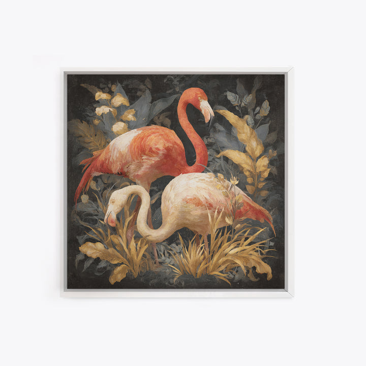 Flamingo Pair in Elegant Coral and Cream Framed Canvas Print, Animal Art, Gallery Decor, Living Room Decor, Fine Art, Creature, ANI-1x1-67