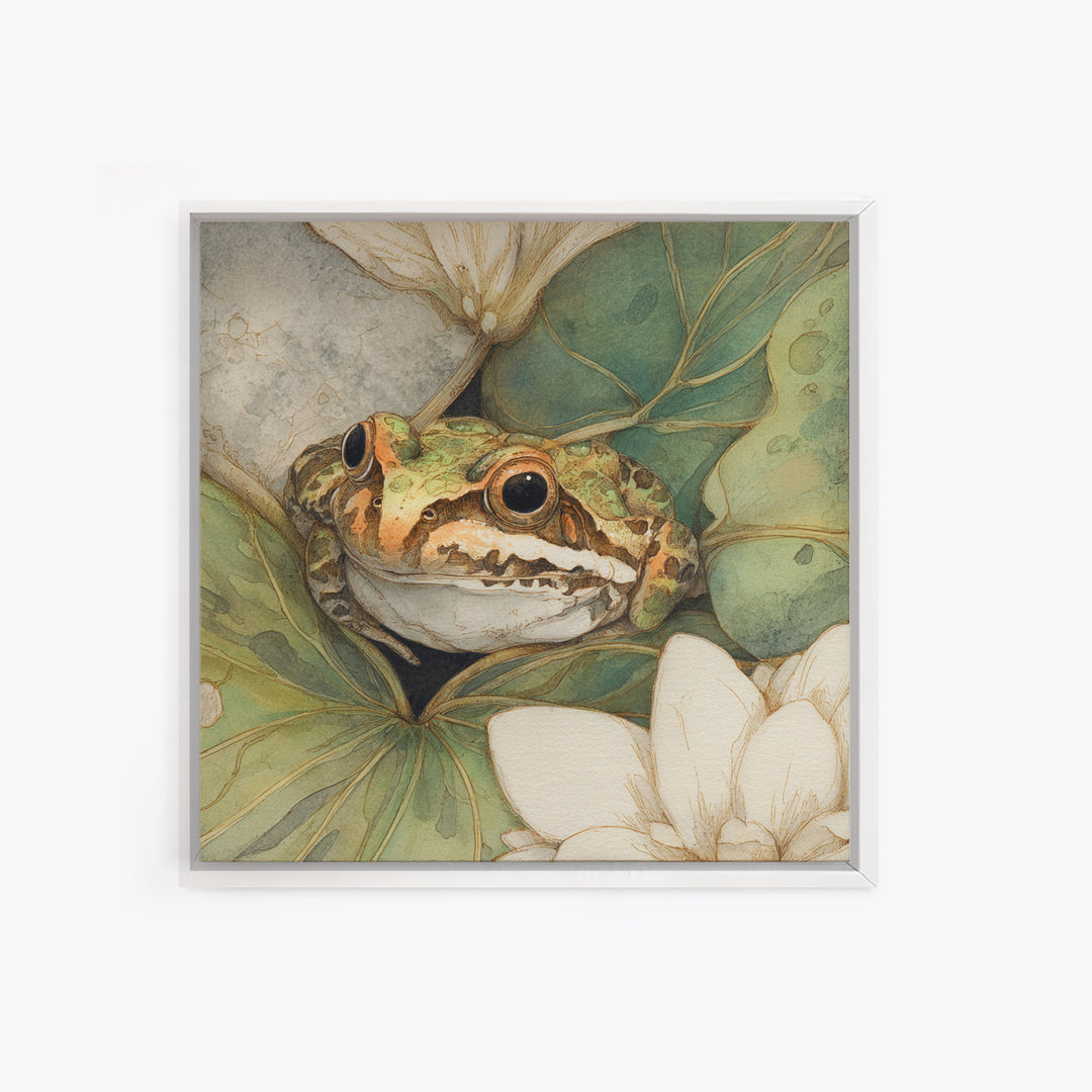 Frog on a Lotus Leaf Framed Canvas Print, Animal Art, Boho Wall Art, Living Room Decor, Oil Painting, Creature, ANI-1x1-68
