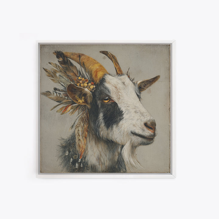 Goat Portrait with Rustic Folk Art Personality Canvas Print, Animal Art, Neutral Decor, Living Room Decor, Fine Art, Creature, ANI-1x1-69