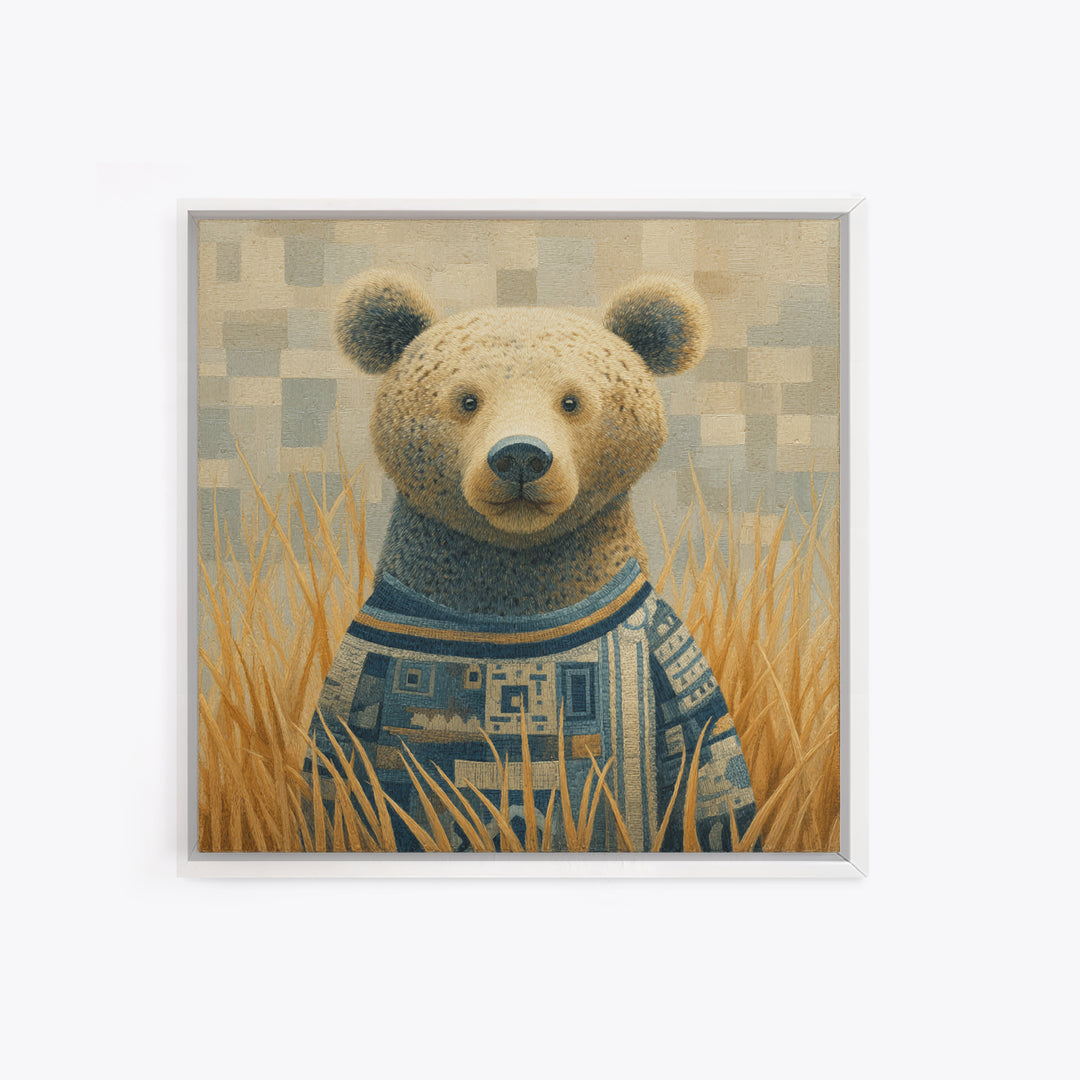 Whimsical Bear in a Patterned Sweater with Framed Canvas Print, Animal Art, Downloadable Art, Living Room Decor, Creature, ANI-1x1-74