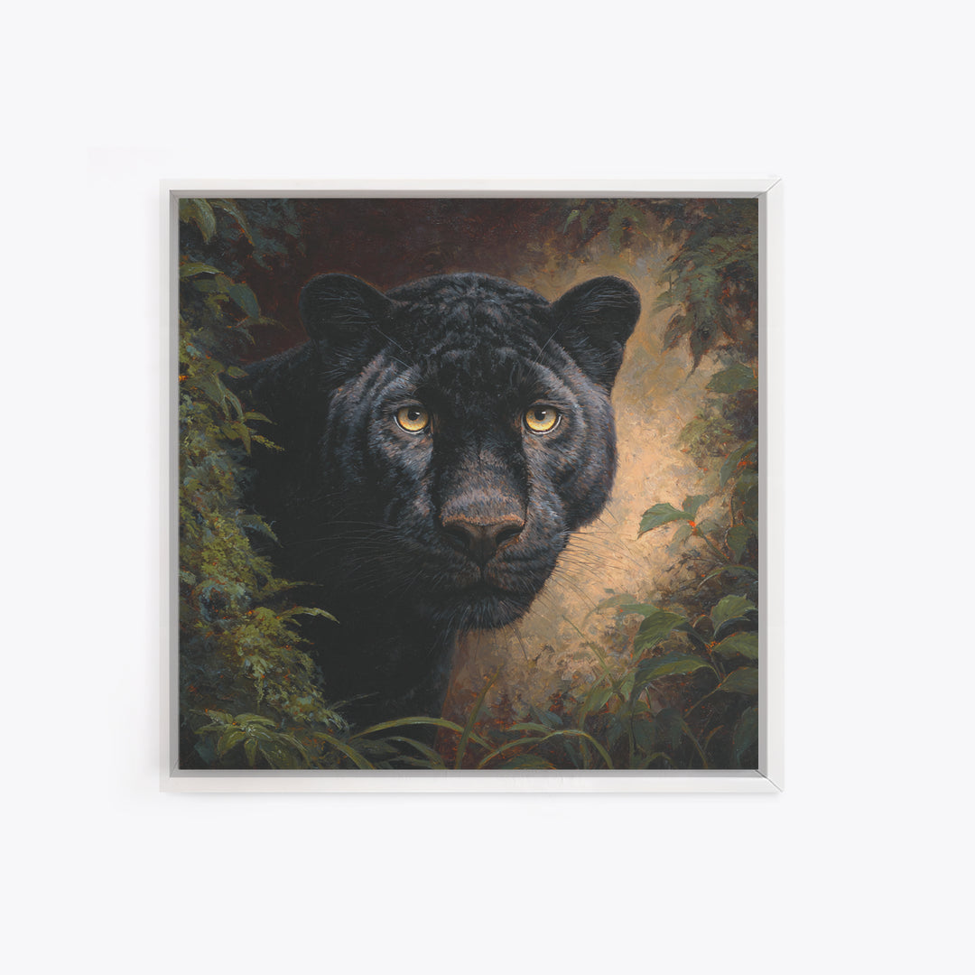 Dramatic Black Panther Emerging from Deep Jungle Framed Canvas Print, Animal Art, Gallery Decor, Living Room Decor, Creature, ANI-1x1-78