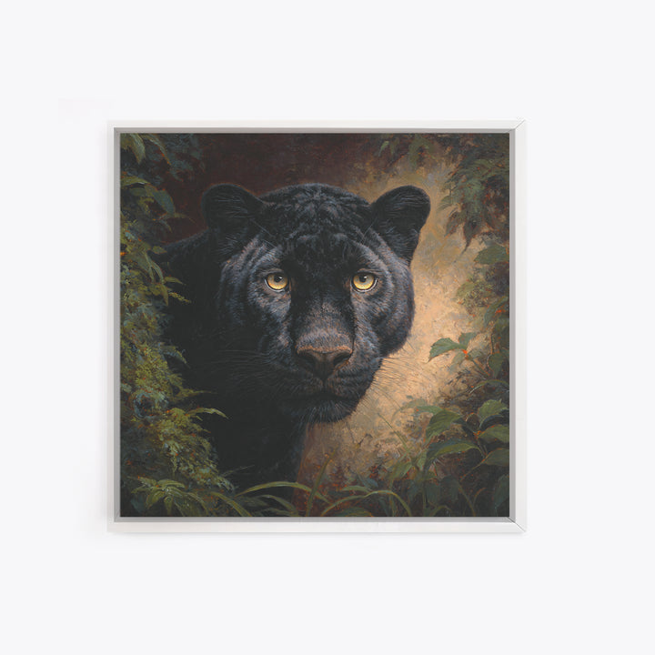 Dramatic Black Panther Emerging from Deep Jungle Framed Canvas Print, Animal Art, Gallery Decor, Living Room Decor, Creature, ANI-1x1-78