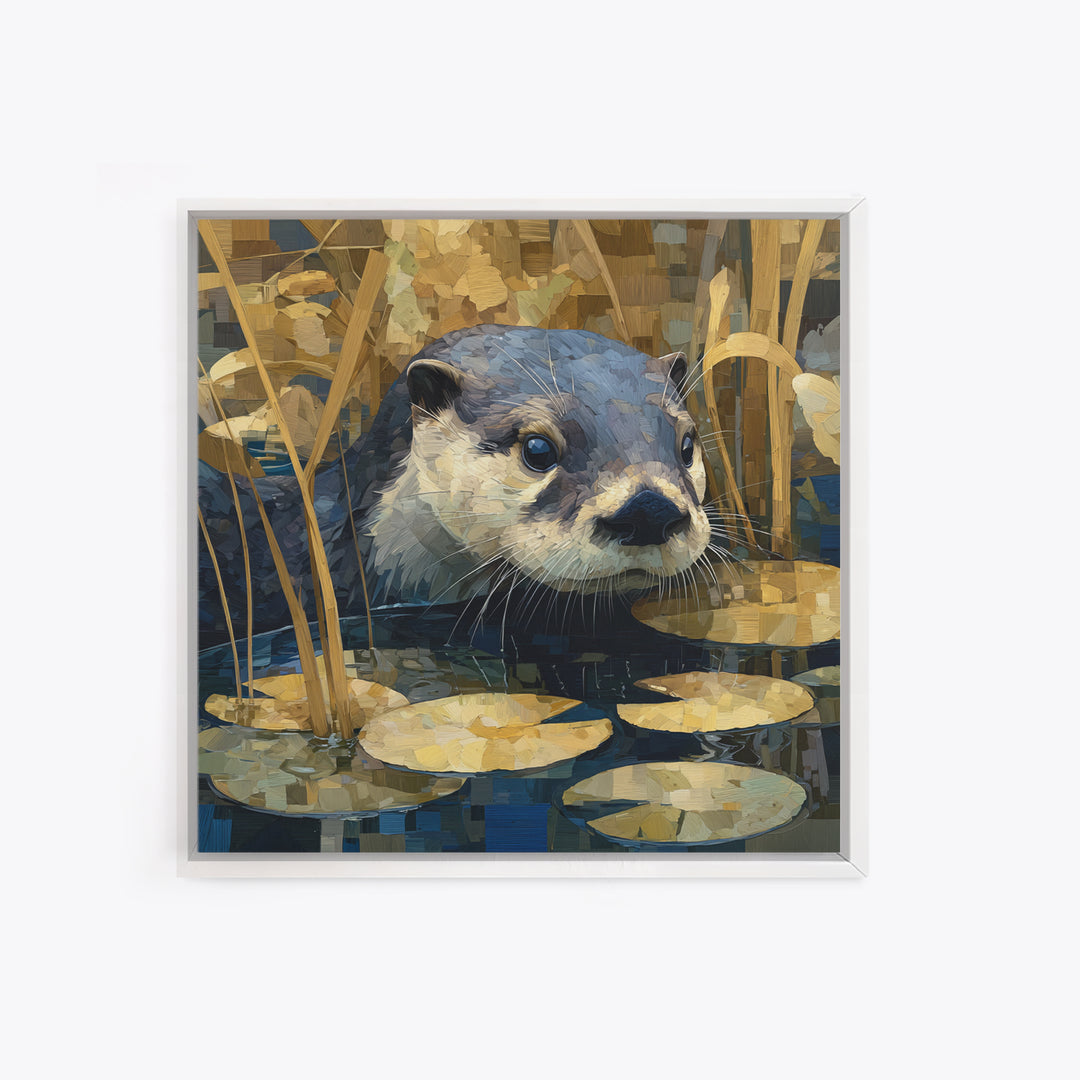 Playful Otter Floating Among Lily Pads Framed Canvas Print, Animal Art, Printable, Living Room Decor, Fine Art, Creature, ANI-1x1-8