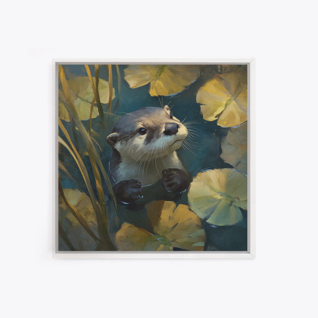 Playful Otter Floating Among Lily Pads Framed Canvas Print, Animal Art, Modern Decor, Living Room Decor, Fine Art, Creature, ANI-1x1-80