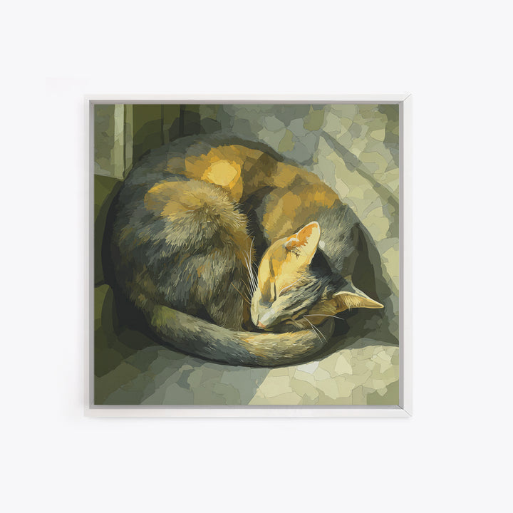 Sleeping Cat Curled Framed Canvas Print, Animal Art, Cat Art, Living Room Decor, Abstract Art, Creature, Art Print, ANI-1x1-84