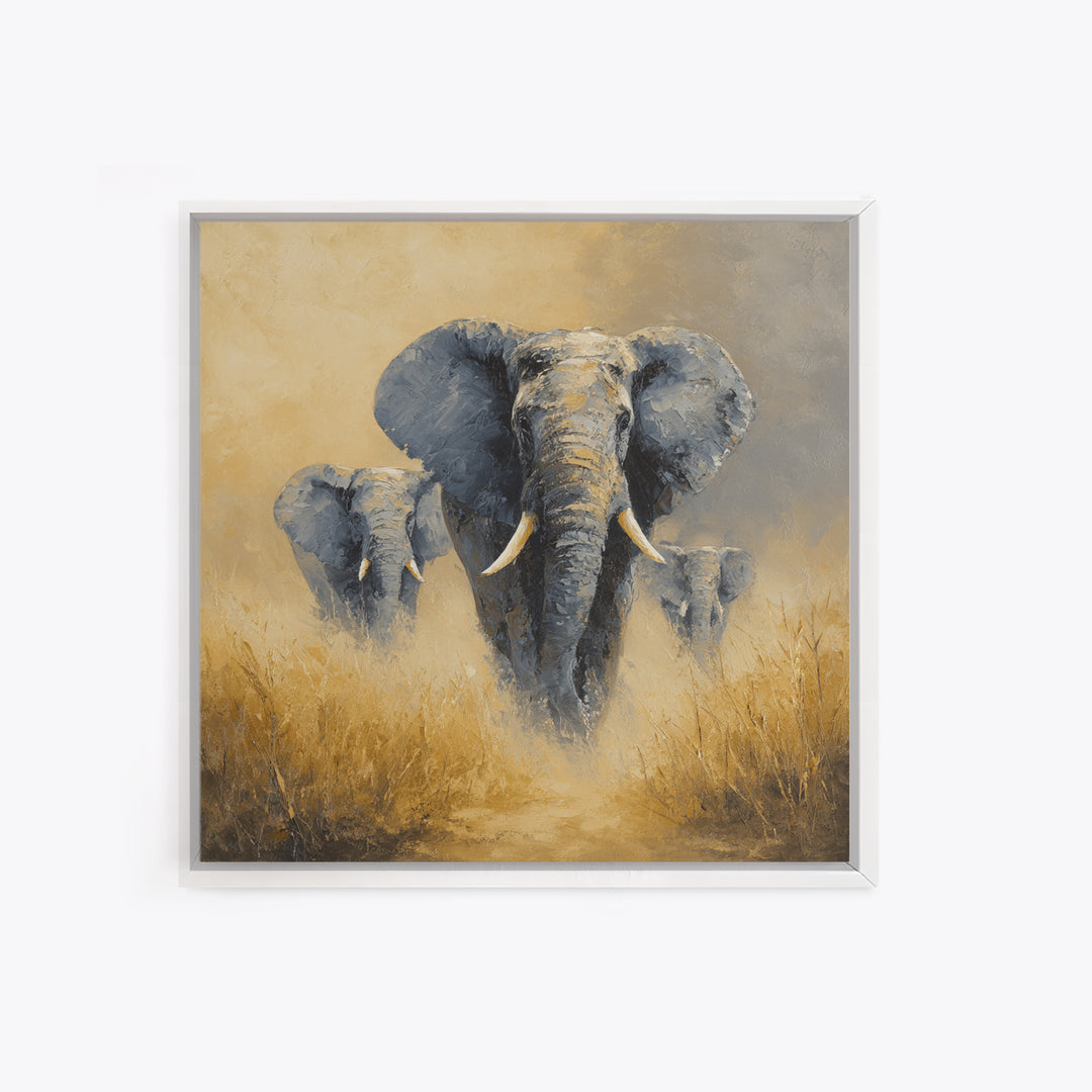 Elephant Family Walking Through Dusty Golden Light Canvas Print, Animal Art, Modern Decor, Living Room Decor, Creature, ANI-1x1-86