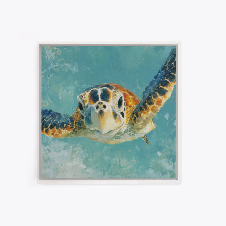 Sea Turtle Drifting Through Luminous Blue Water Canvas Print, Animal Art, Trendy Wall Art, Living Room Decor, Creature, ANI-1x1-90