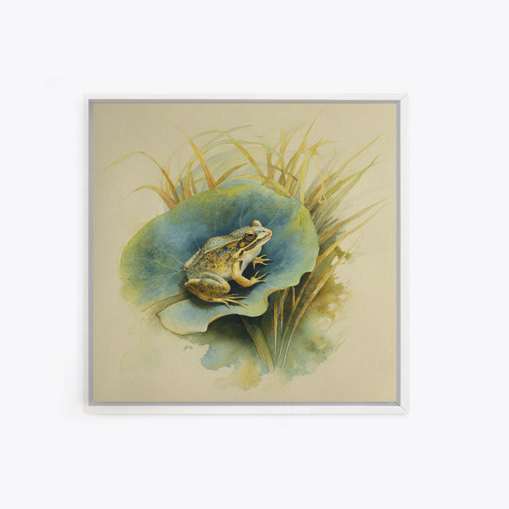 Frog on a Lotus Leaf Canvas Print, Animal Art, Trendy Wall Art, Living Room Decor, Watercolor Art, Creature, Textured Painting, ANI-1x1-92