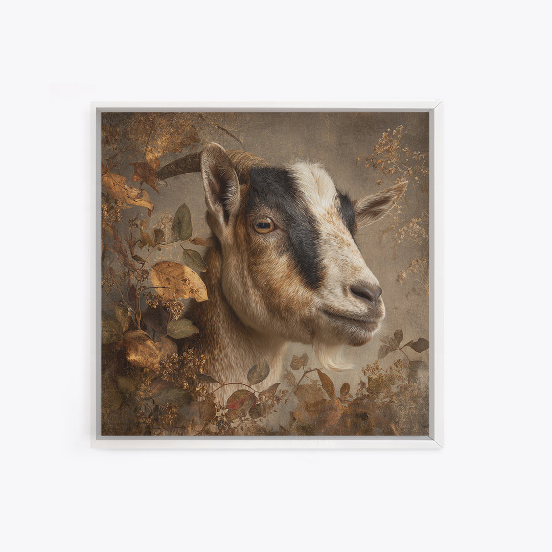 Goat Portrait with Rustic Folk Art Personality Framed Canvas Print, Animal Art, Luxury Decor, Living Room Decor, Oil Painting, ANI-1x1-93