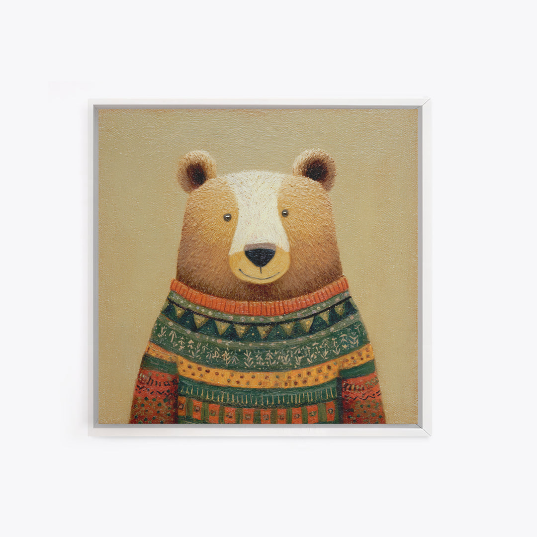 Whimsical Bear in a Patterned Sweater with Canvas Print, Animal Art, Boho Decor, Living Room Decor, Fine Art, Creature, ANI-1x1-98