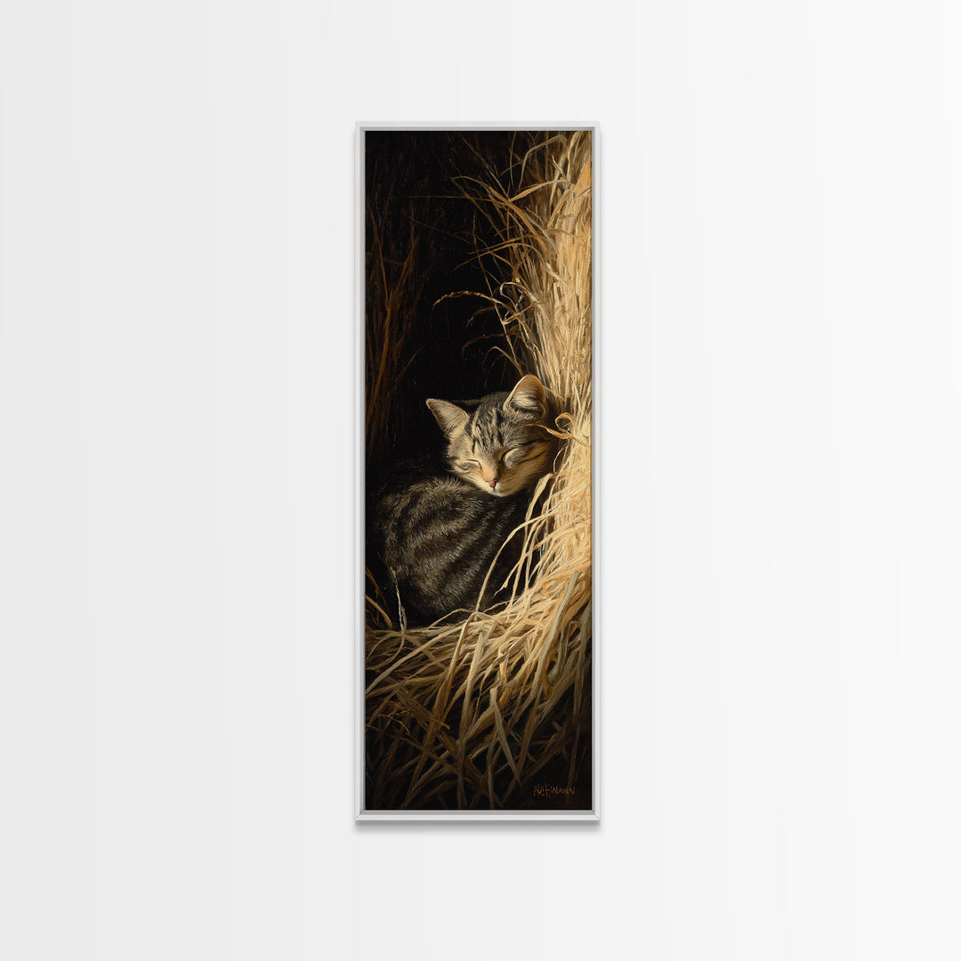 Sleeping Cat Curled Framed Canvas Print, Animal Art, Art Print, Living Room Decor, Fine Art, Creature, Digital Art, Printable, ANI-1x3-24