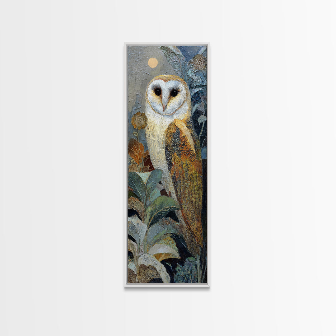 Owl with Moonlit Feathers and Celestial Accents Canvas Print, Animal Art, Minimalist Decor, Living Room Decor, Creature, ANI-1x3-3