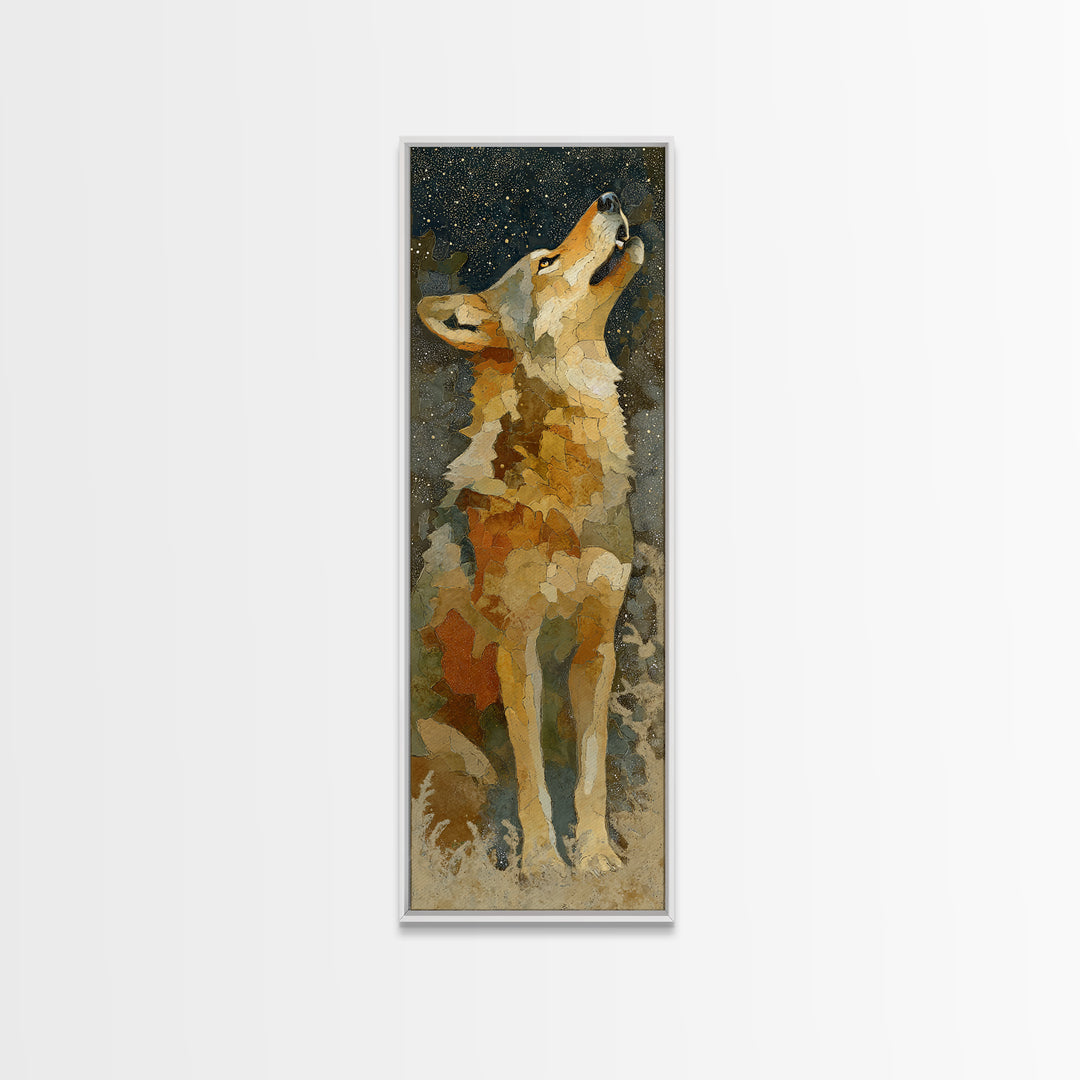 Wolf Silhouette Beneath a Star Filled Sky Framed Canvas Print, Animal Art, Nursery Art, Living Room Decor, Watercolor Art, ANI-1x3-34