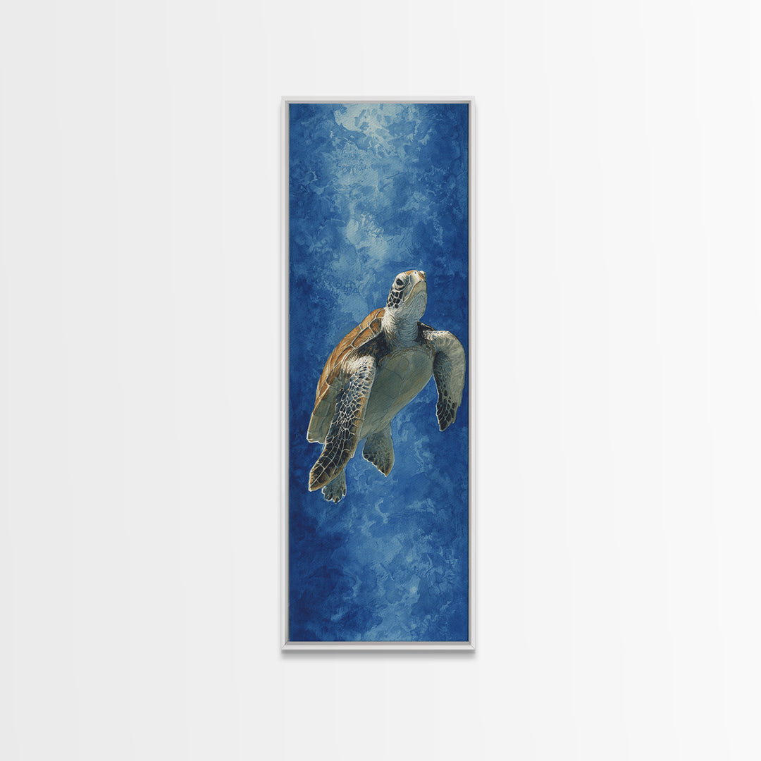 Sea Turtle Drifting Through Luminous Blue Water Canvas Print, Animal Art, Modern Wall Art, Living Room Decor, Creature, ANI-1x3-54