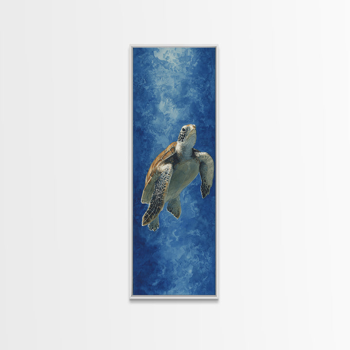 Sea Turtle Drifting Through Luminous Blue Water Canvas Print, Animal Art, Modern Wall Art, Living Room Decor, Creature, ANI-1x3-54
