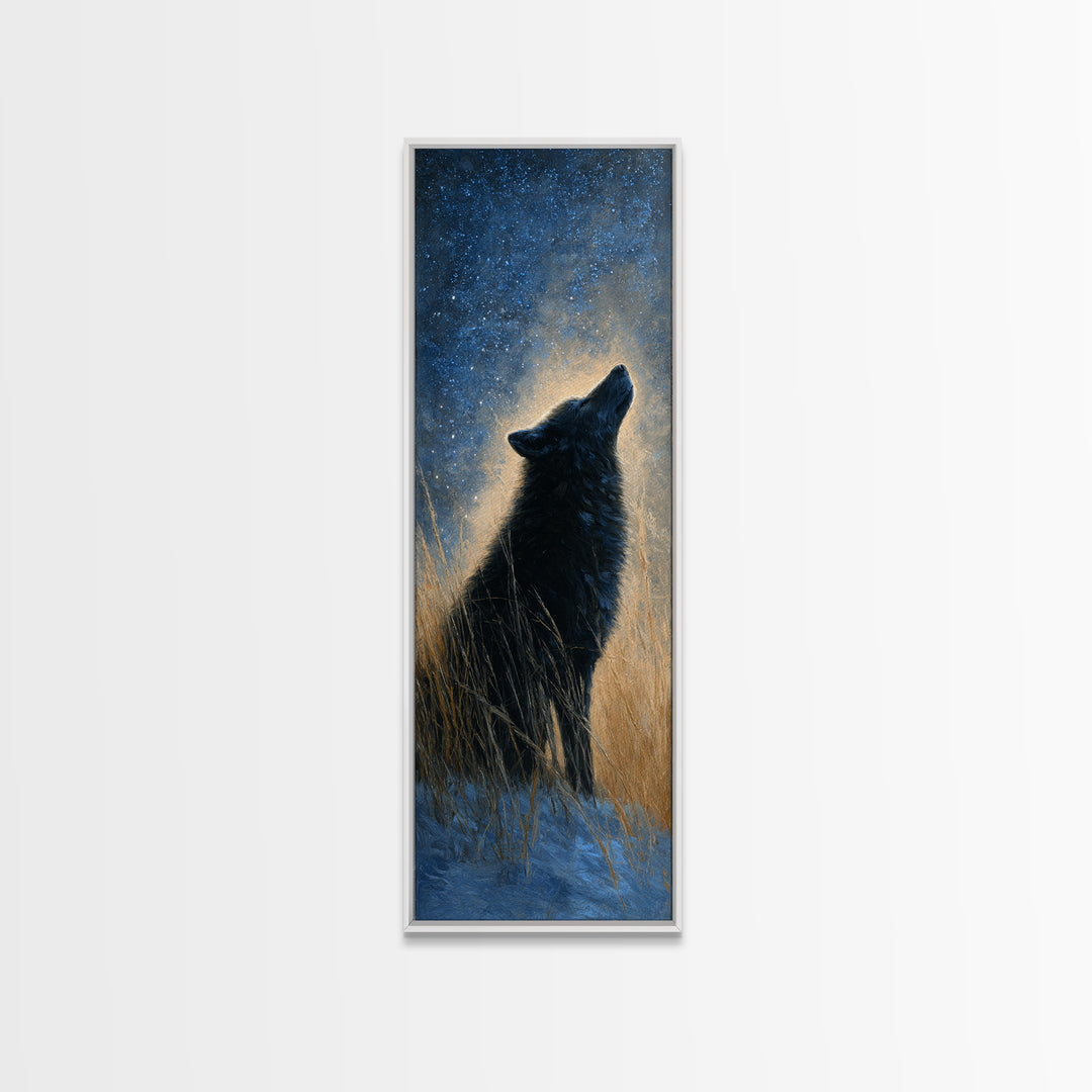 Wolf Silhouette Beneath a Star Filled Sky Framed Canvas Print, Animal Art, Nursery Art, Living Room Decor, Watercolor Art, ANI-1x3-58