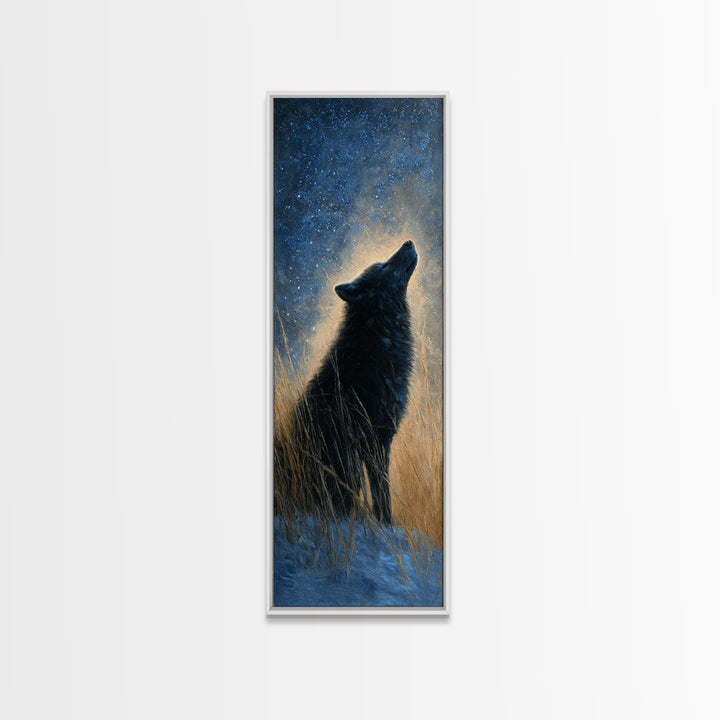 Wolf Silhouette Beneath a Star Filled Sky Framed Canvas Print, Animal Art, Nursery Art, Living Room Decor, Watercolor Art, ANI-1x3-58