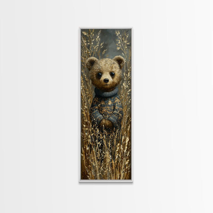 Whimsical Bear in a Patterned Sweater with Framed Canvas Print, Animal Art, Neutral Decor, Living Room Decor, Creature, ANI-1x3-62