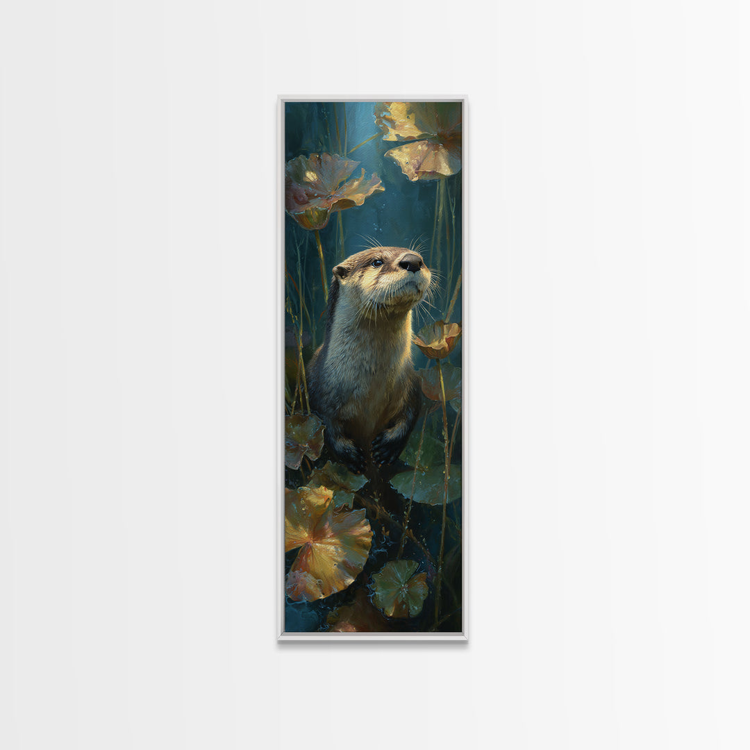 Playful Otter Floating Among Lily Pads Canvas Print, Animal Art, Oil Painting, Living Room Decor, Fine Art, Creature, ANI-1x3-68