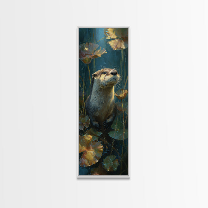 Playful Otter Floating Among Lily Pads Canvas Print, Animal Art, Oil Painting, Living Room Decor, Fine Art, Creature, ANI-1x3-68