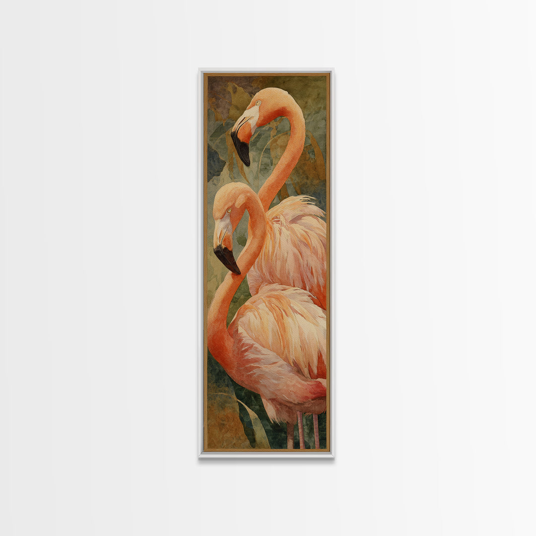 Flamingo Pair in Elegant Coral and Cream Framed Canvas Print, Animal Art, Digital Print, Living Room Decor, Fine Art, Creature, ANI-1x3-79