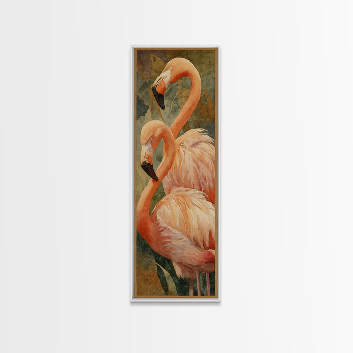Flamingo Pair in Elegant Coral and Cream Framed Canvas Print, Animal Art, Digital Print, Living Room Decor, Fine Art, Creature, ANI-1x3-79