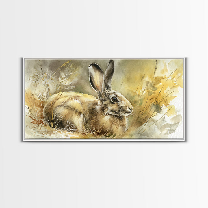 Curious Rabbit in a Soft Watercolor Meadow Framed Canvas Print, Animal Art, Living Room Decor, Oil Painting, Creature, ANI-2x1-1