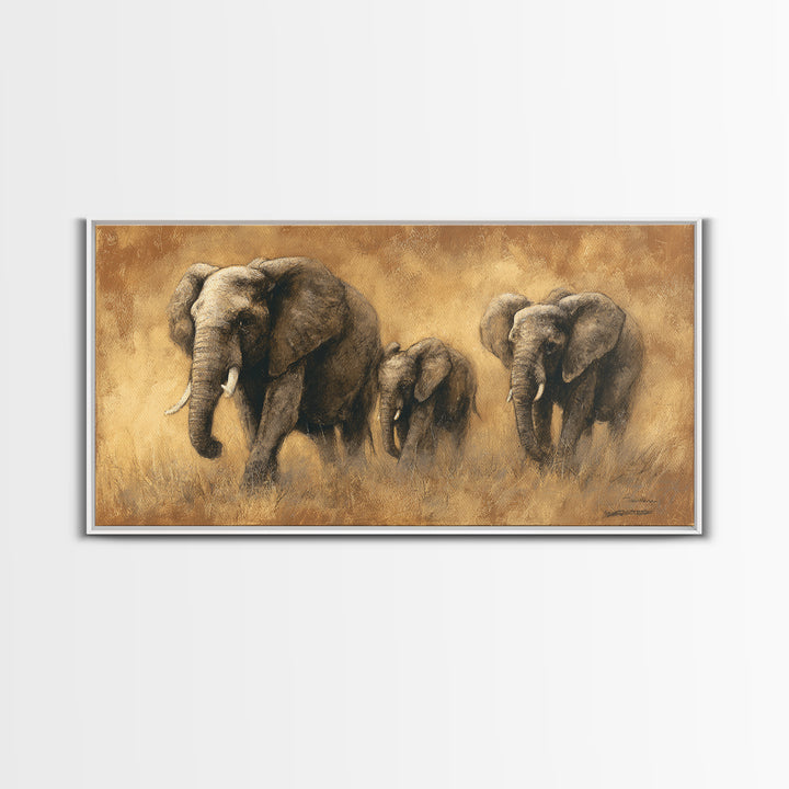 Elephant Family Walking Through Dusty Golden Light Framed Canvas Print, Animal Art, Art Print, Living Room Decor, Creature, ANI-2x1-10