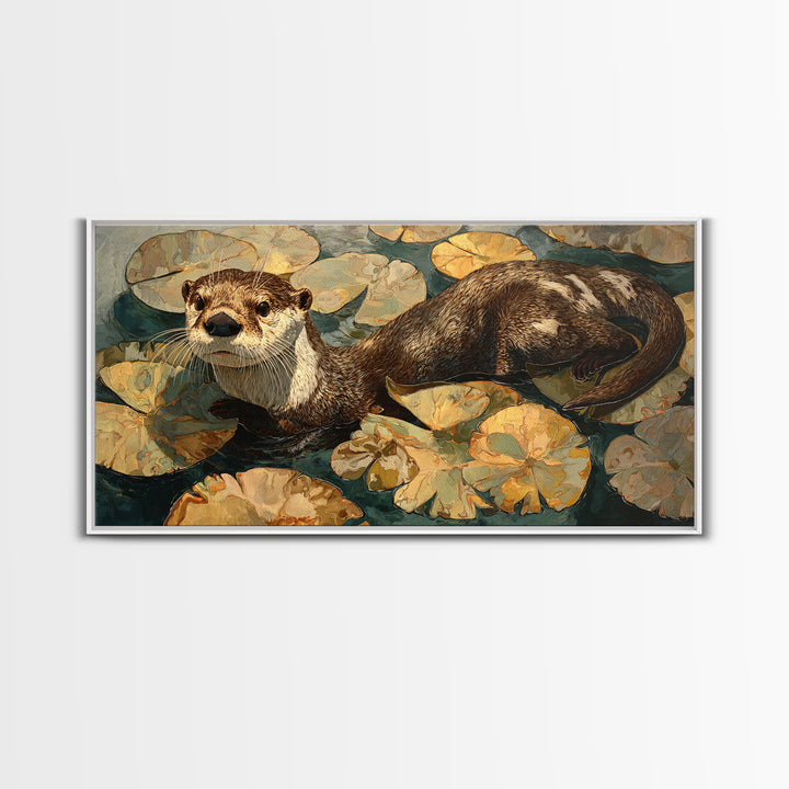 Playful Otter Floating Among Lily Pads Framed Canvas Print, Animal Art, Living Room Decor, Fine Art, Creature, Fine Art Print, ANI-2x1-100