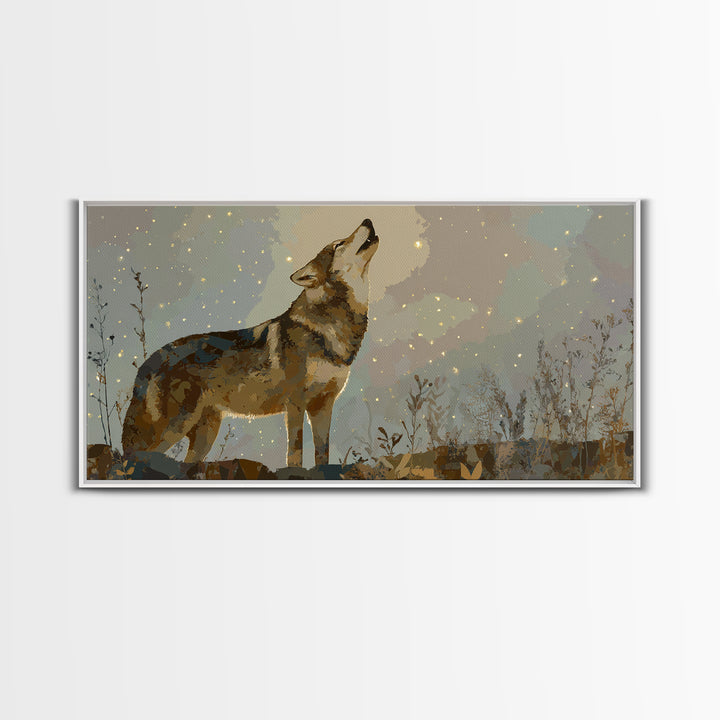 Wolf Silhouette Beneath a Star Filled Sky Framed Canvas Print, Animal Art, Statement Artwork, Living Room Decor, Creature, ANI-2x1-18