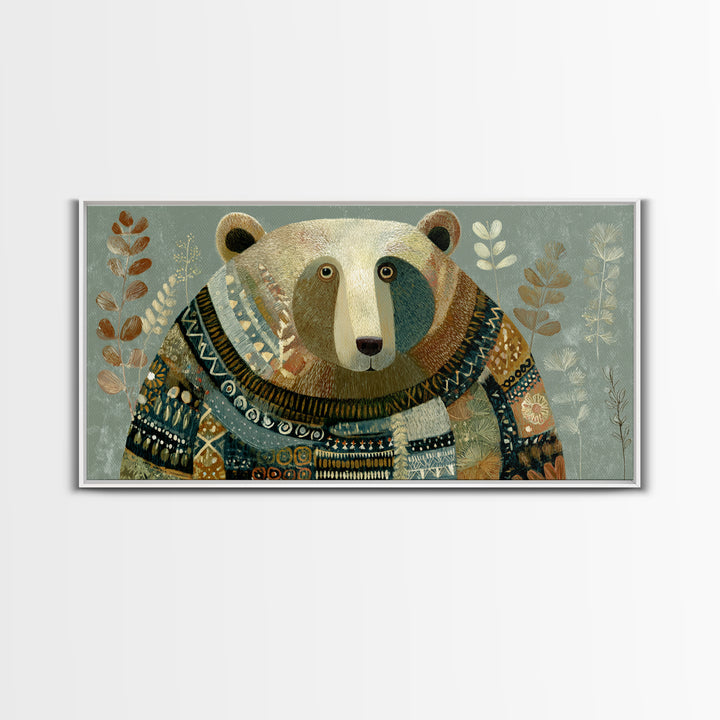 Whimsical Bear in a Patterned Sweater with Canvas Print, Animal Art, Boho Decor, Living Room Decor, Fine Art, Creature, ANI-2x1-22