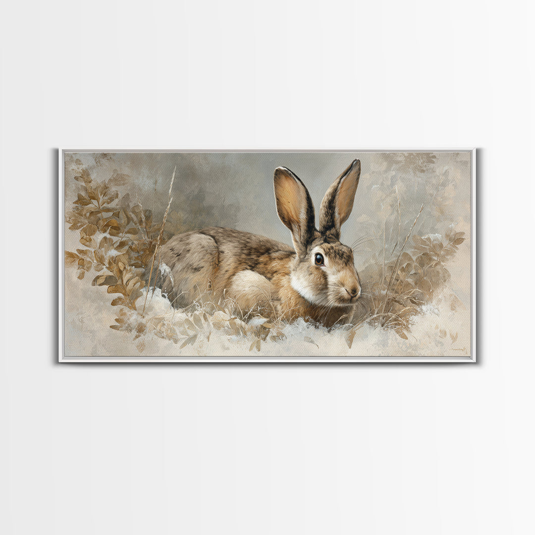 Curious Rabbit in a Soft Watercolor Meadow Framed Canvas Print, Animal Art, Living Room Decor, Oil Painting, Creature, ANI-2x1-25