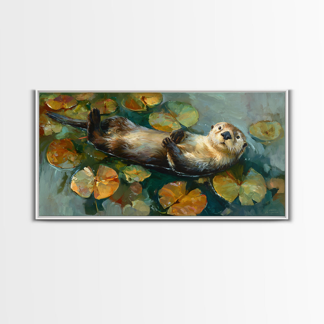 Playful Otter Floating Among Lily Pads Framed Canvas Print, Animal Art, Minimalist Decor, Living Room Decor, Fine Art, Creature, ANI-2x1-28