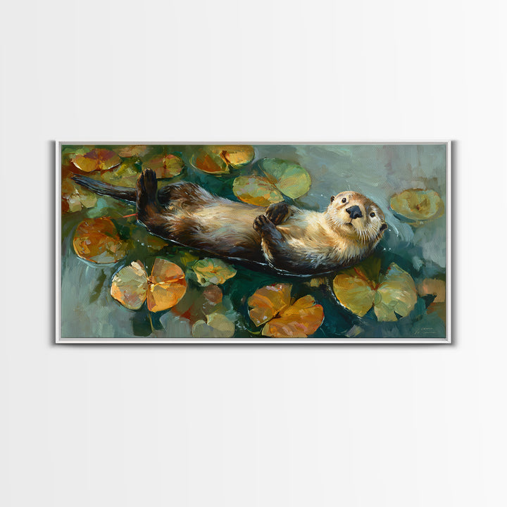 Playful Otter Floating Among Lily Pads Framed Canvas Print, Animal Art, Minimalist Decor, Living Room Decor, Fine Art, Creature, ANI-2x1-28