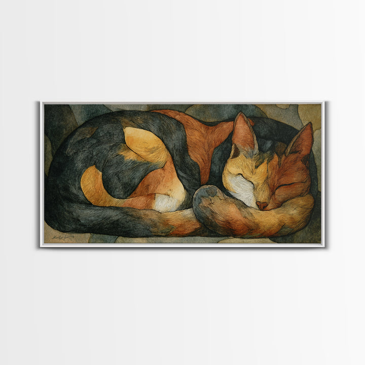 Sleeping Cat Curled Canvas Print, Animal Art, Contemporary Art, Living Room Decor, Oil Painting, Creature, Digital Wall Art, ANI-2x1-32