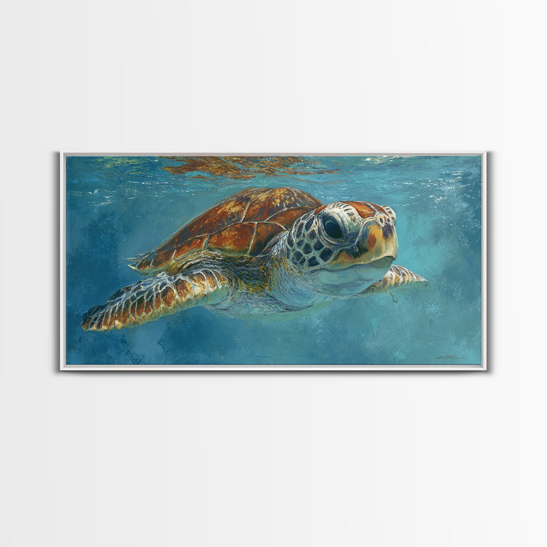 Sea Turtle Drifting Through Luminous Blue Water Canvas Print, Animal Art, Fine Art Print, Living Room Decor, Creature, ANI-2x1-38