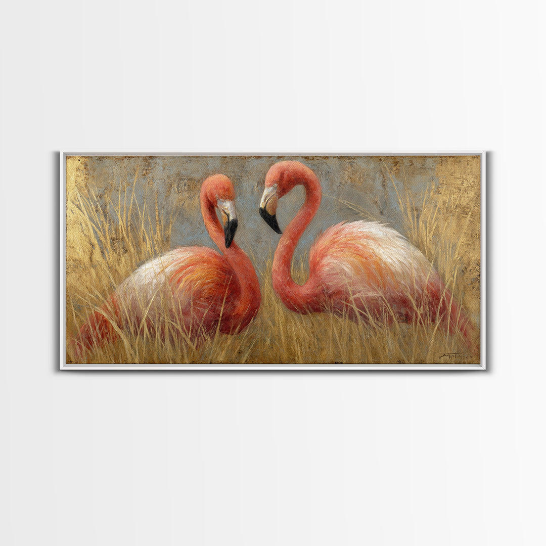 Flamingo Pair in Elegant Coral and Cream Canvas Print, Animal Art, Decor, Living Room Decor, Oil Painting, Creature, ANI-2x1-39