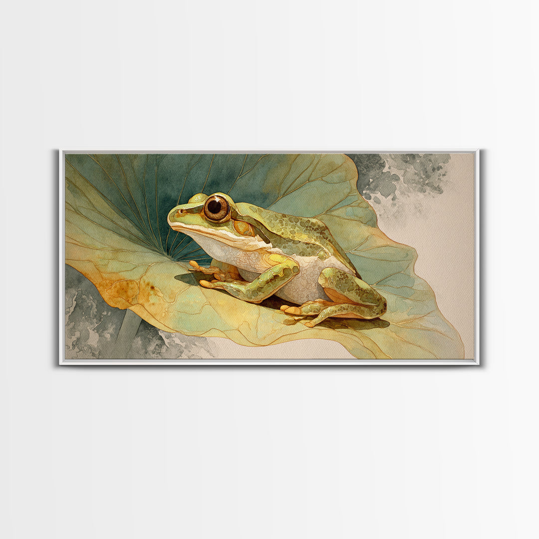 Frog on a Lotus Leaf Framed Canvas Print, Animal Art, Home Decor, Living Room Decor, Fine Art, Creature, Art Deco, Original Art, ANI-2x1-40