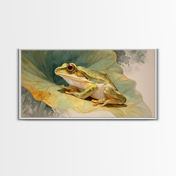 Frog on a Lotus Leaf Framed Canvas Print, Animal Art, Home Decor, Living Room Decor, Fine Art, Creature, Art Deco, Original Art, ANI-2x1-40